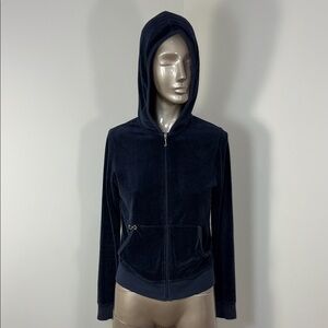 Vintage Juicy Couture Women's Navy Hooded Zip-Front Velvet Jacket